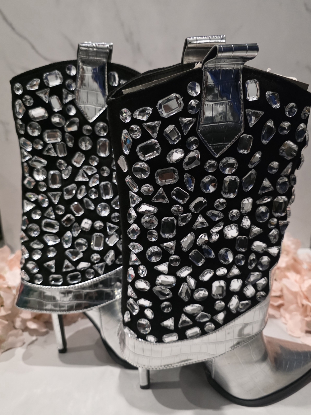 Lauren Lorraine - Black & Silver Jeweled Western Ankle Boots